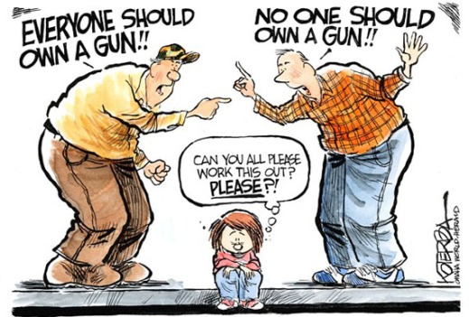 Two men argue, the one on the left claiming everyone should have a gun, the one on the right propounding that no one should own a gun. Between them sits a forlorn child, askings "Can you all please work this out? Please?"
